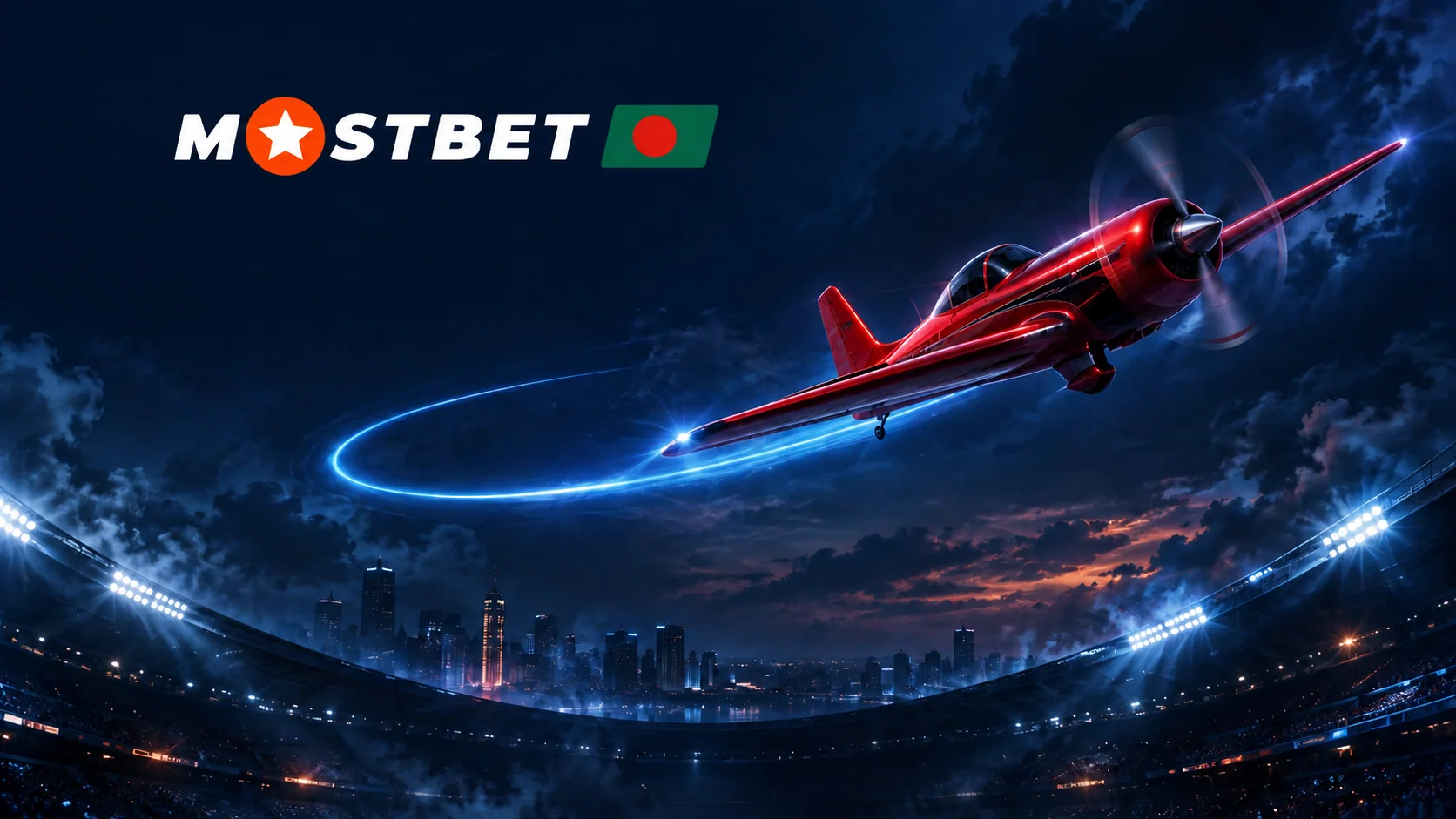 Mostbet Aviator in Bangladesh: red plane above a stadium